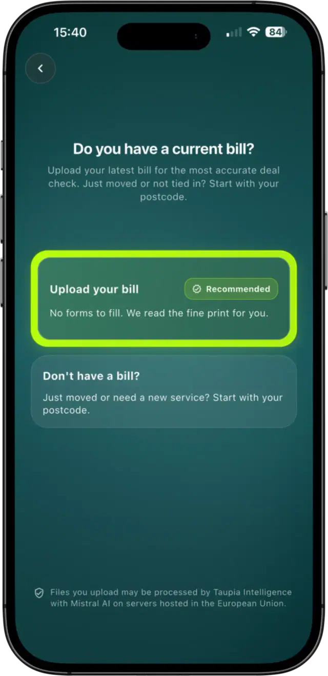 Bill upload flow in Taupia
